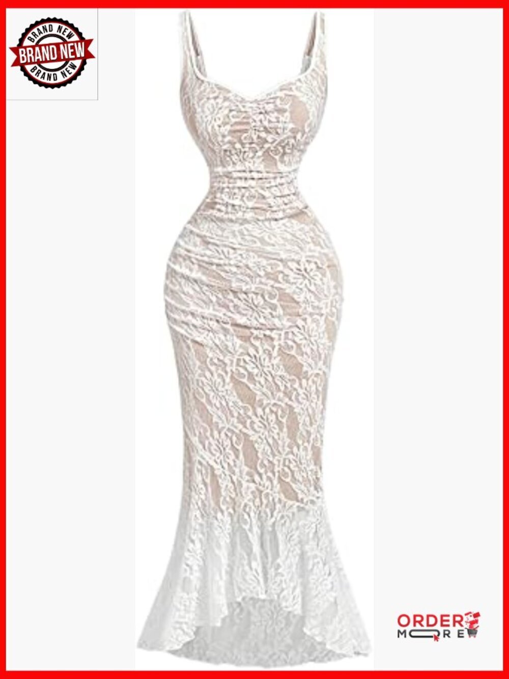 Lace Bodycon Fishtail Midi Dress Sleeveless Ruched Asymmetrical Club Party
